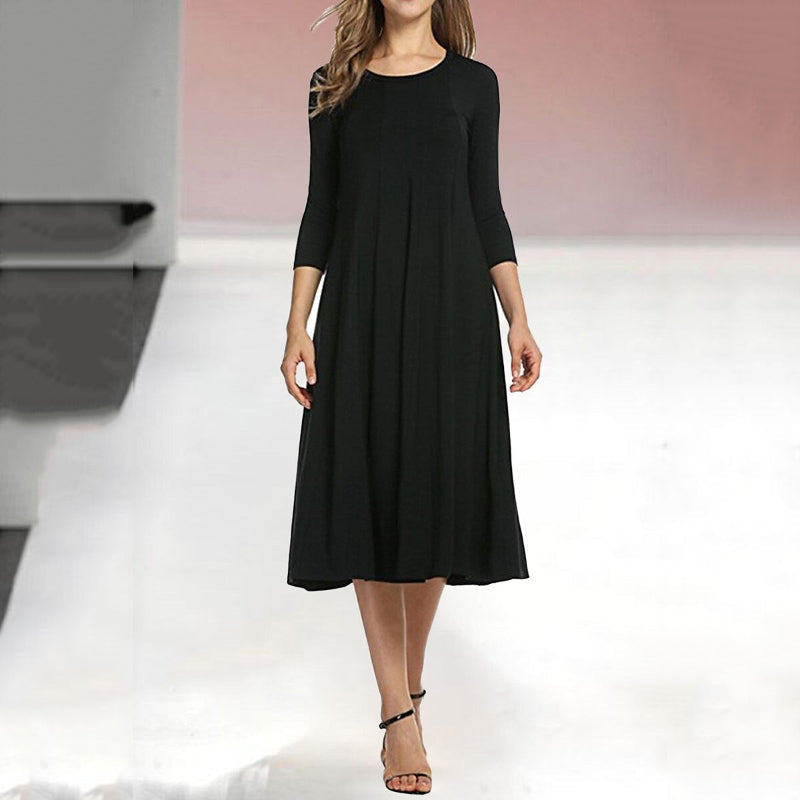 Women's Three-Quarter Sleeve Solid Casual Swing Dress