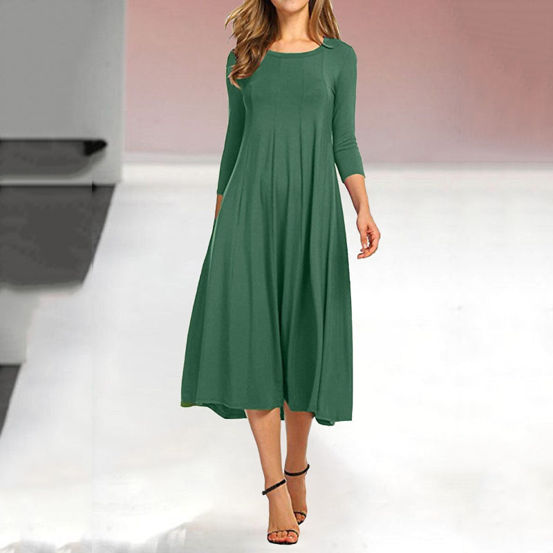 Women's Three-Quarter Sleeve Solid Casual Swing Dress