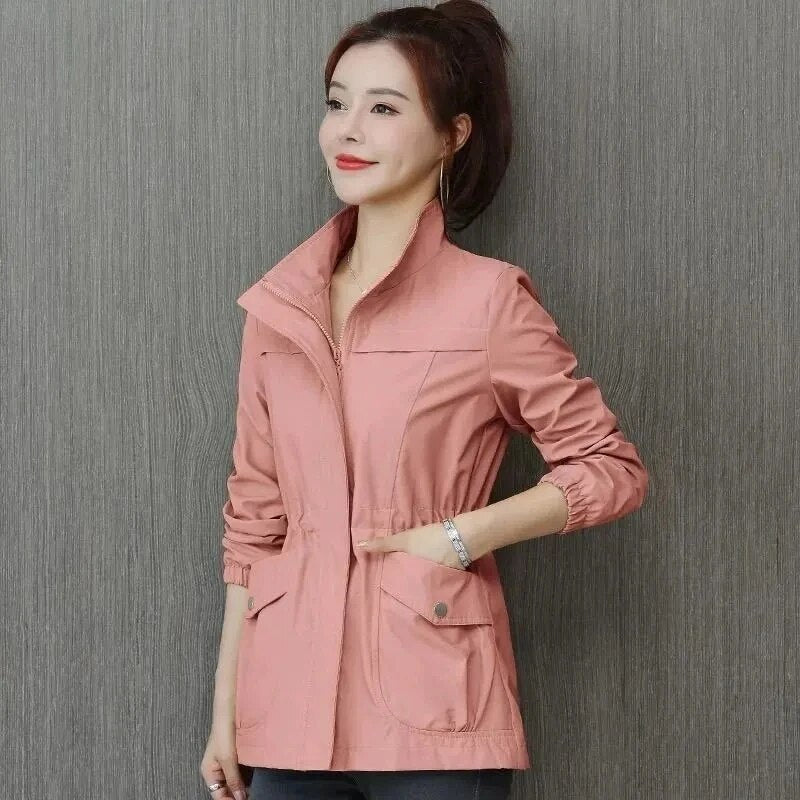 Women's Trench Coat with Adjustable Waist and Front Pockets