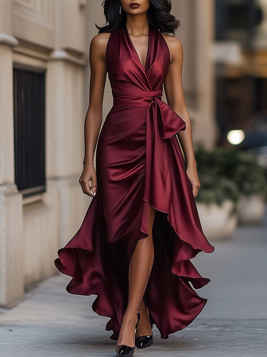 Women's V-Neck Sleeveless Wrap Midi Dress