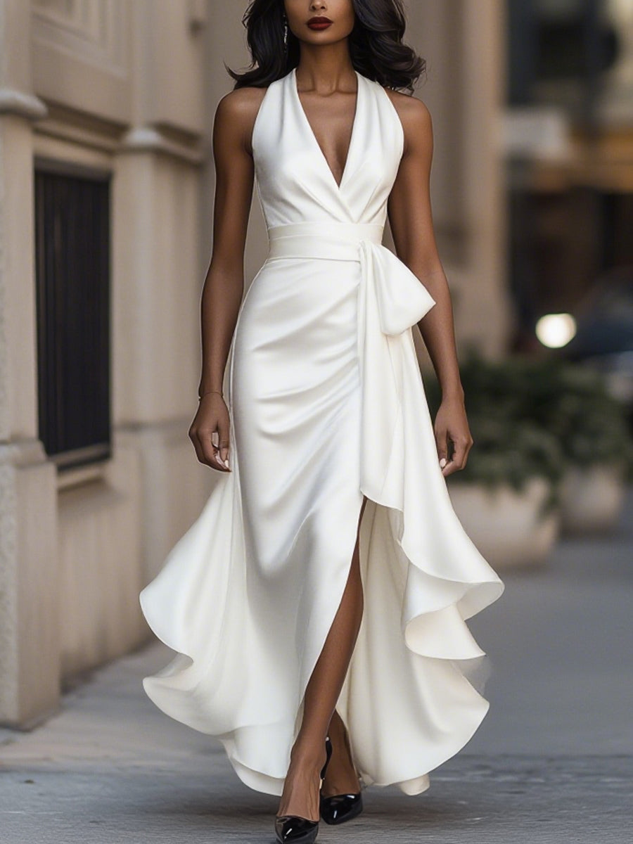 Women's V-Neck Sleeveless Wrap Midi Dress