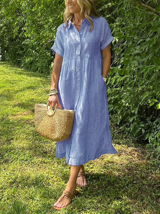 Women Striped Shirt Midi Dress