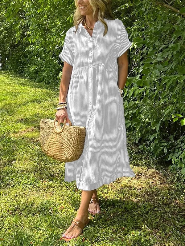 Women Striped Shirt Midi Dress