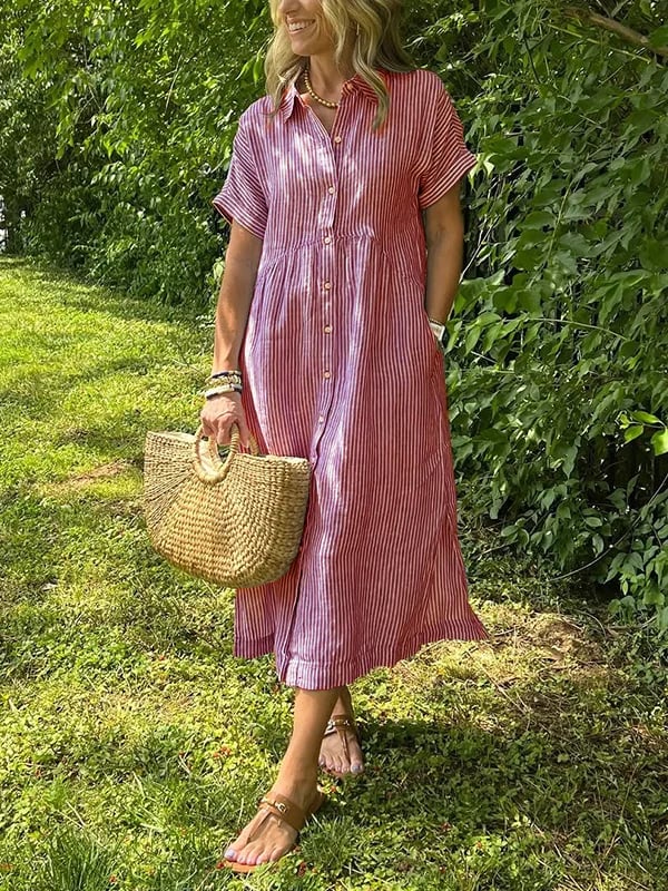 Women Striped Shirt Midi Dress