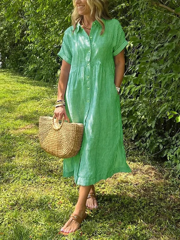 Women Striped Shirt Midi Dress