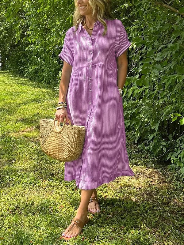 Women Striped Shirt Midi Dress