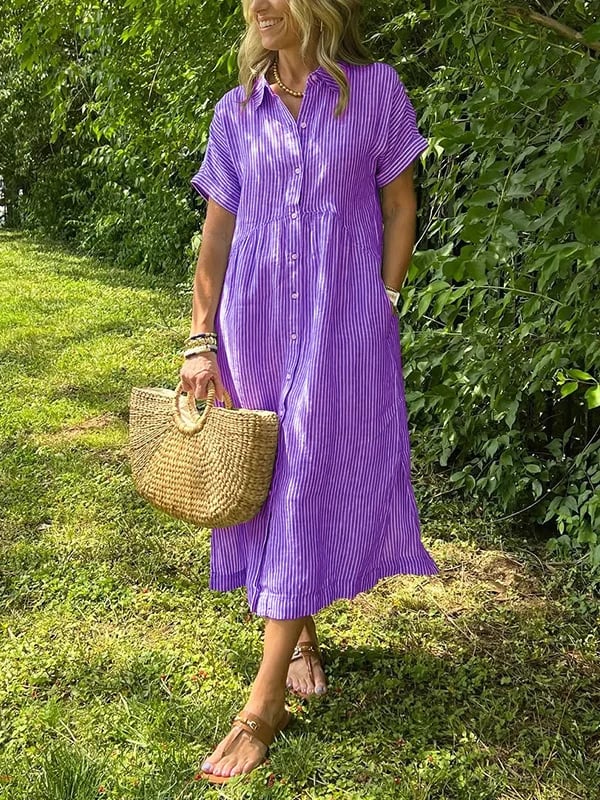 Women Striped Shirt Midi Dress
