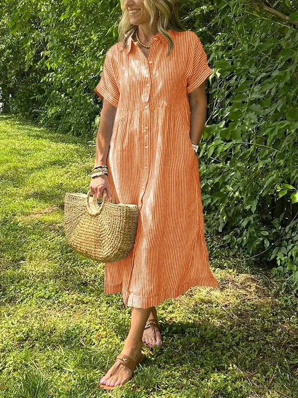 Women Striped Shirt Midi Dress