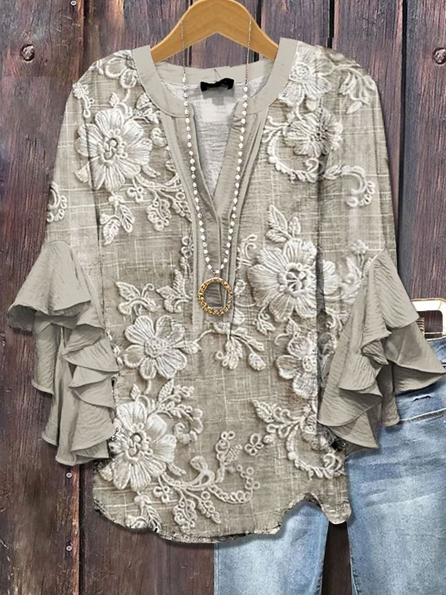 Women T-shirt with Floral Pattern and Ruffle Details