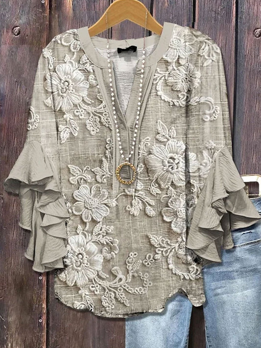 Women T-shirt with Floral Pattern and Ruffle Details