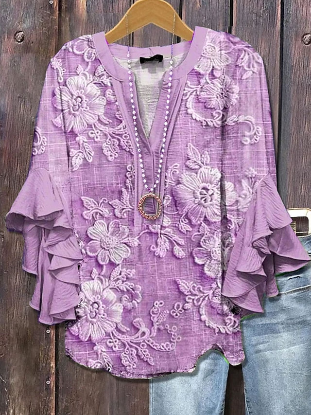 Women T-shirt with Floral Pattern and Ruffle Details