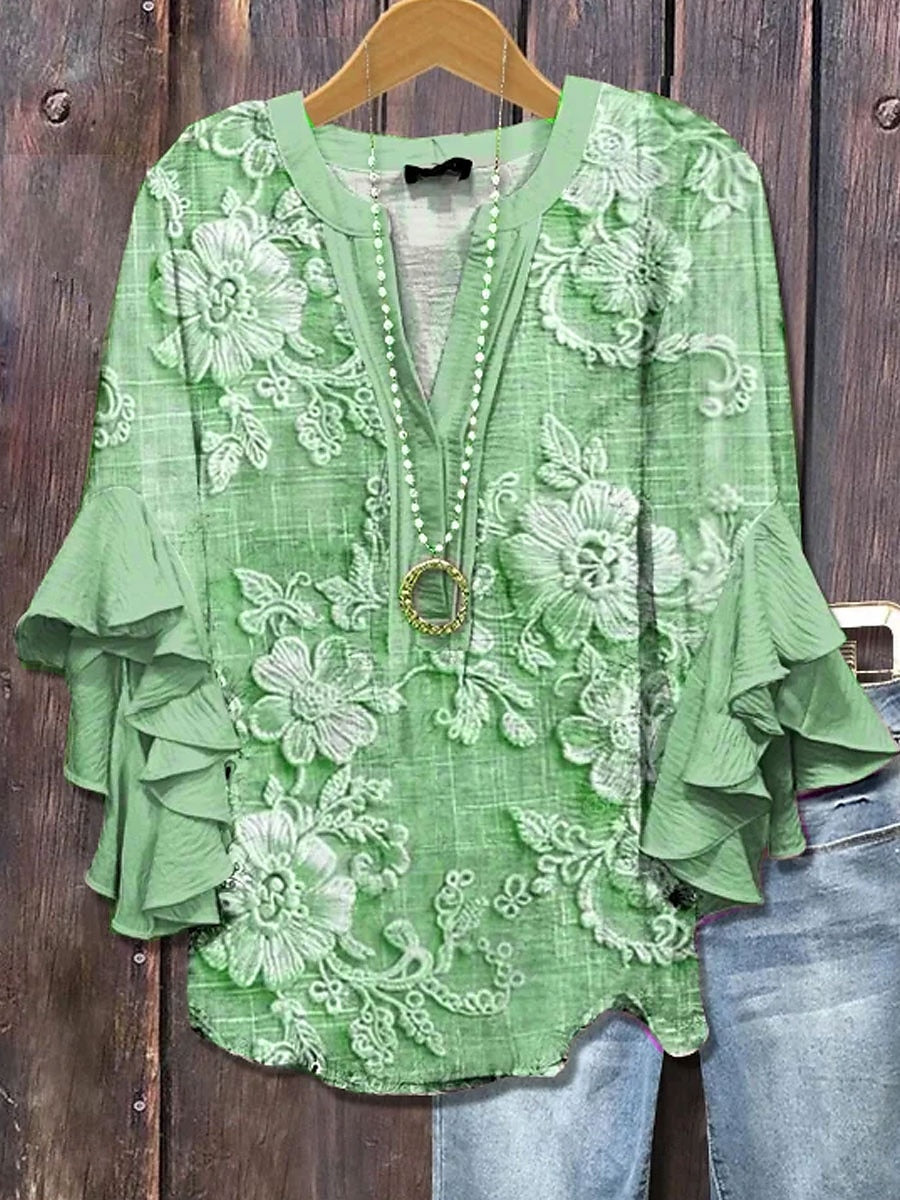 Women T-shirt with Floral Pattern and Ruffle Details