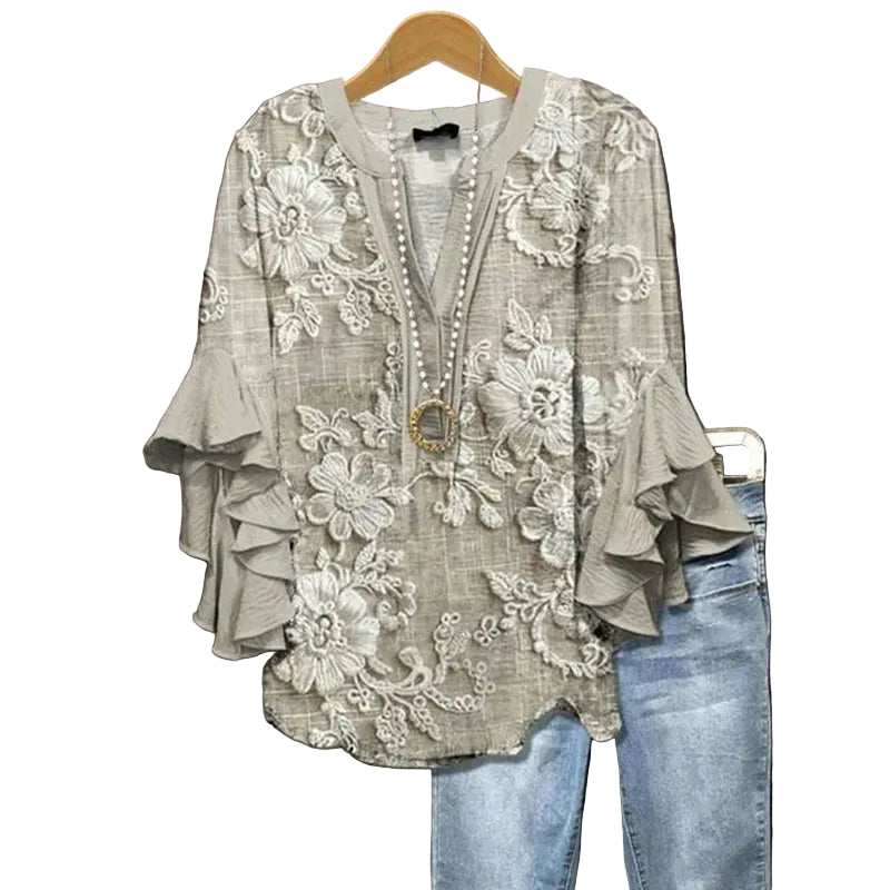 Women T-shirt with Floral Pattern and Ruffle Details