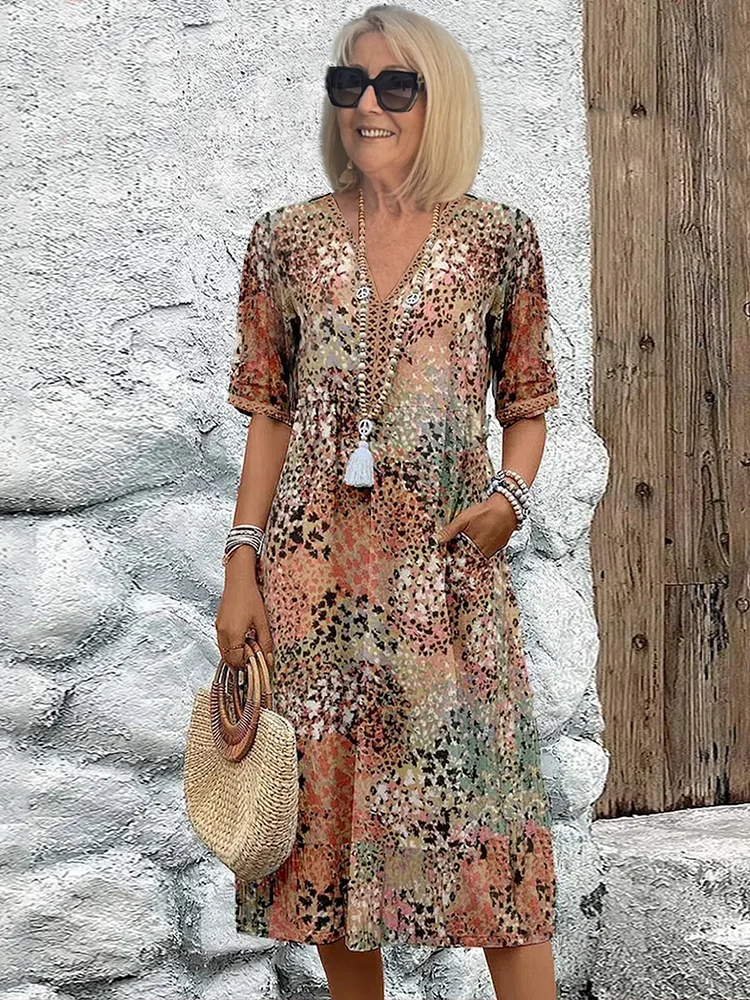 Women V-Neck A-Line Midi Print Dress