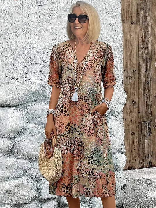 Women V-Neck A-Line Midi Print Dress