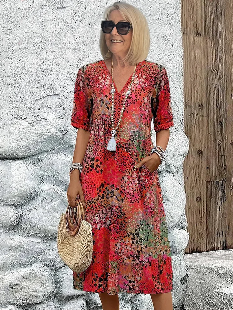 Women V-Neck A-Line Midi Print Dress