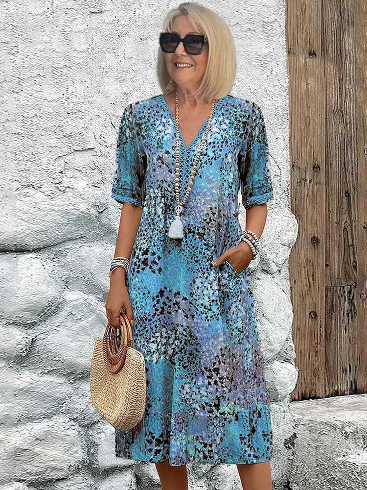 Women V-Neck A-Line Midi Print Dress