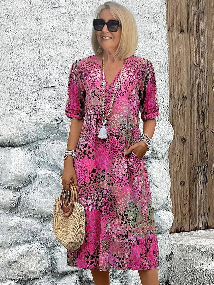 Women V-Neck A-Line Midi Print Dress