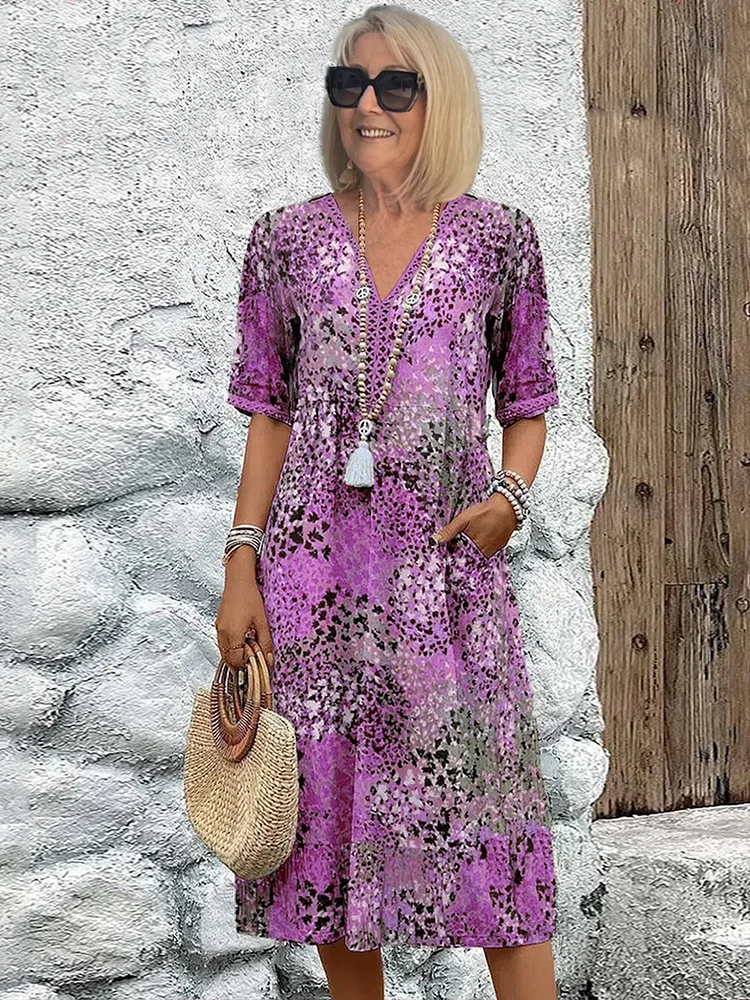 Women V-Neck A-Line Midi Print Dress