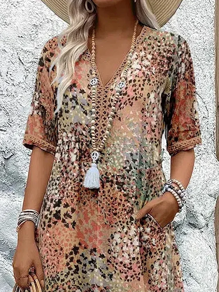 Women V-Neck A-Line Midi Print Dress
