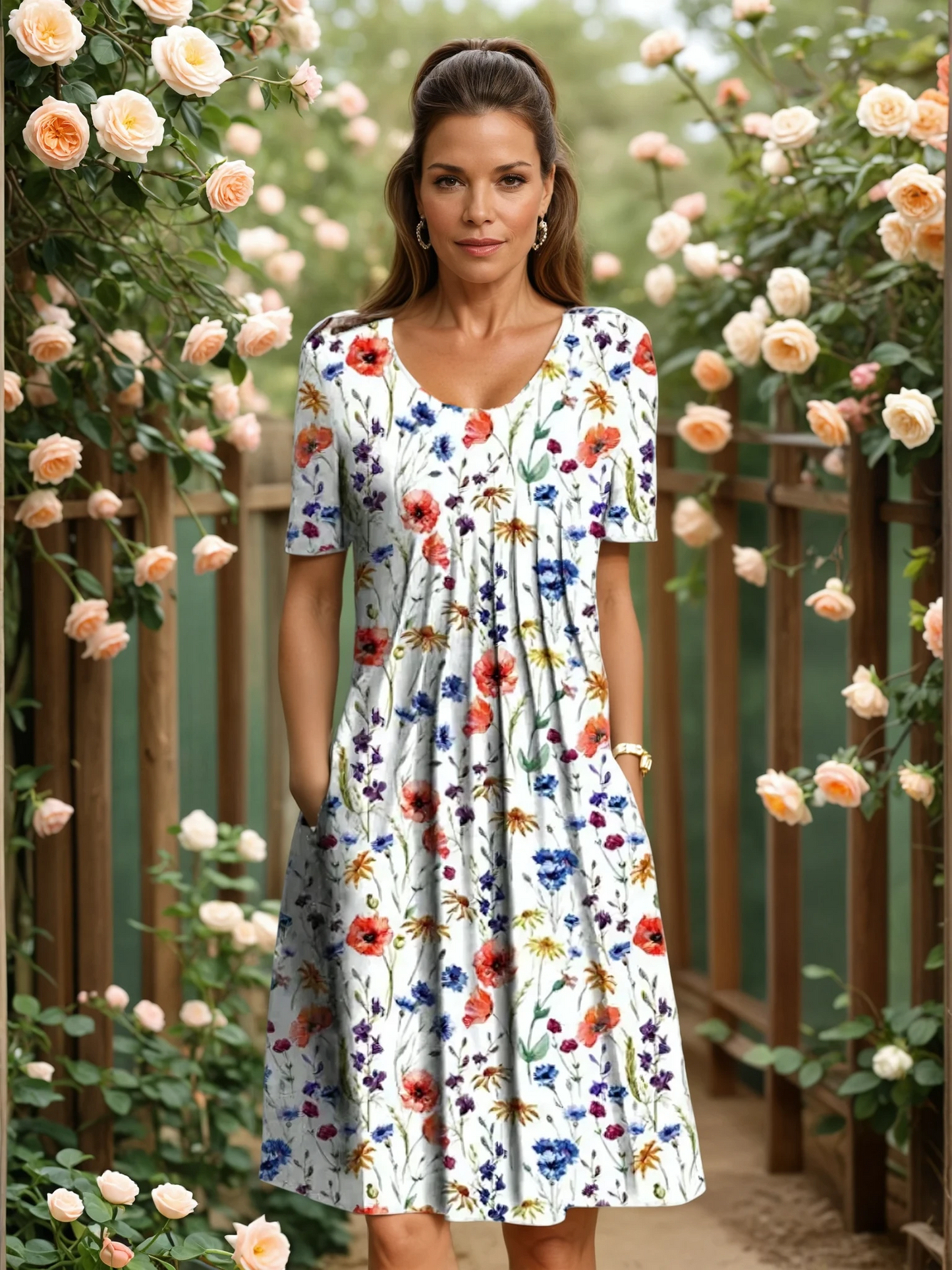 Women V-neck Floral A-line Midi Dress
