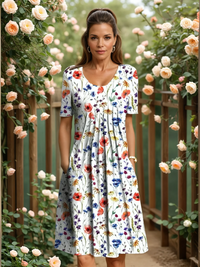 Women V-neck Floral A-line Midi Dress