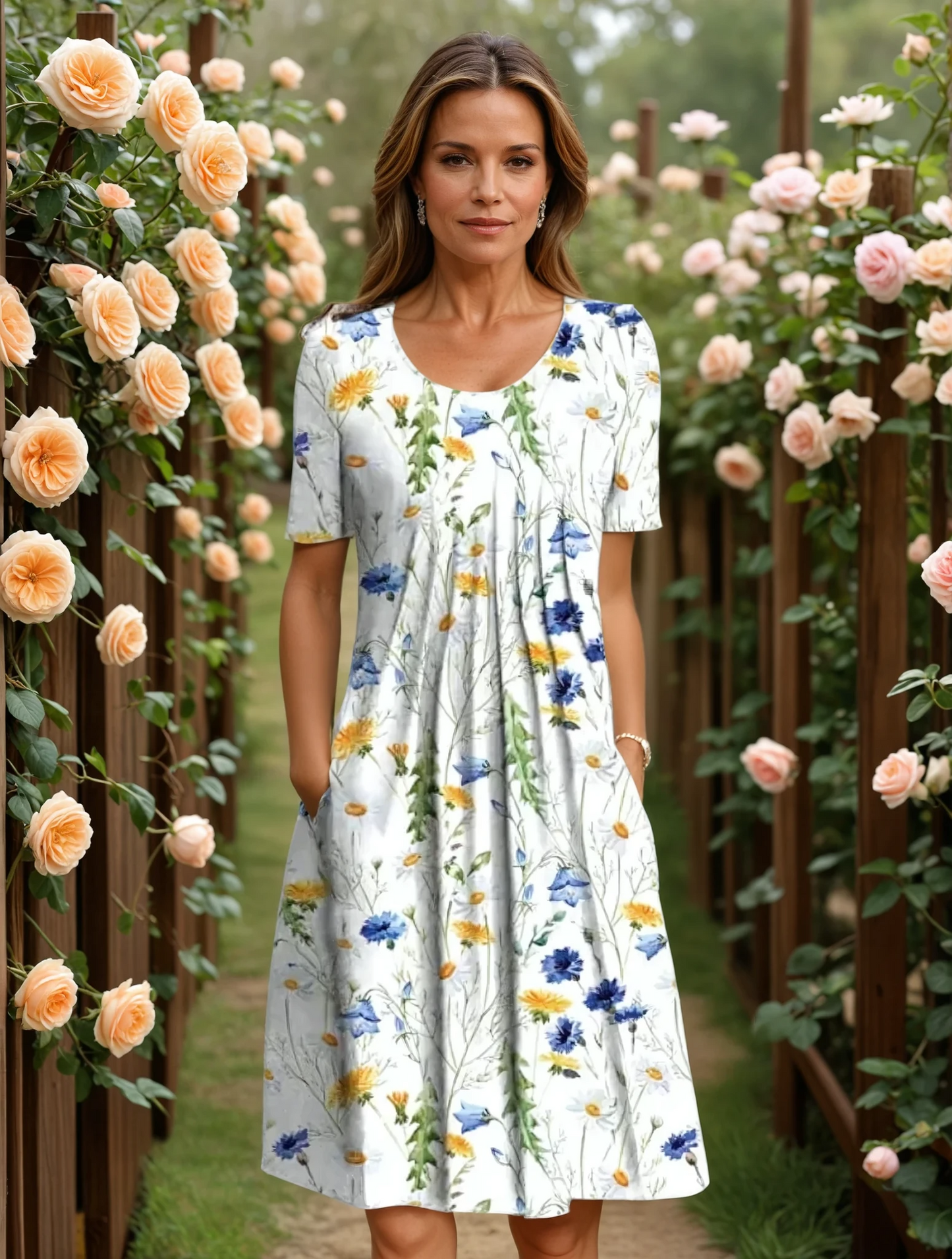 Women V-neck Floral A-line Midi Dress