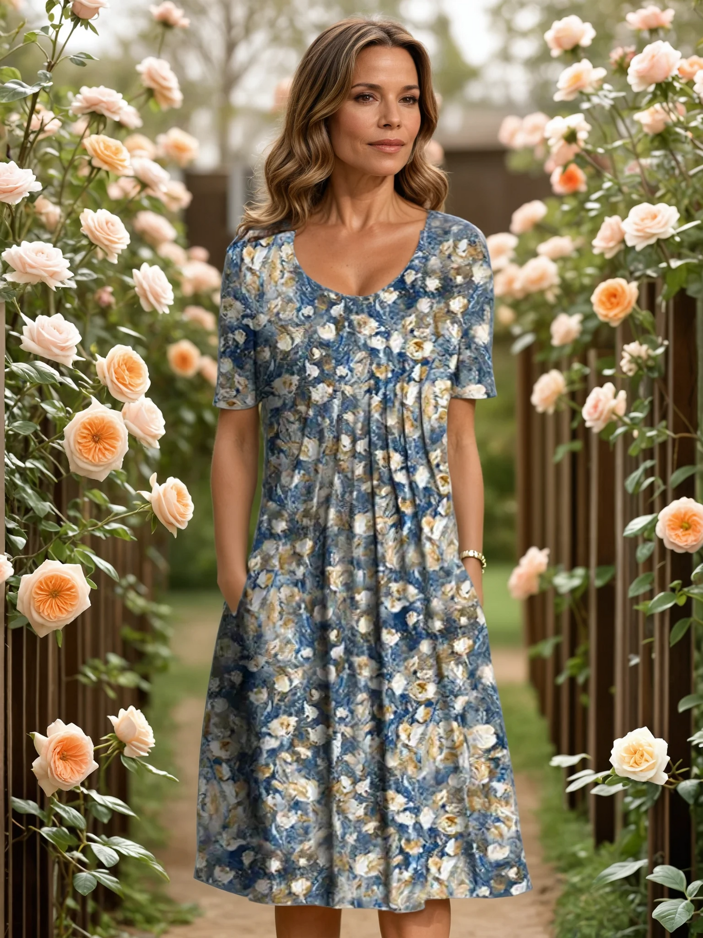 Women V-neck Floral A-line Midi Dress