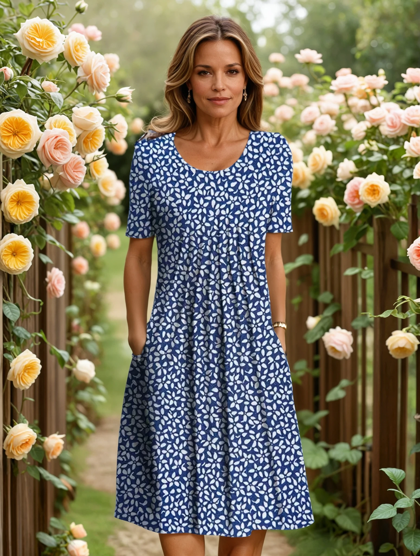 Women V-neck Floral A-line Midi Dress