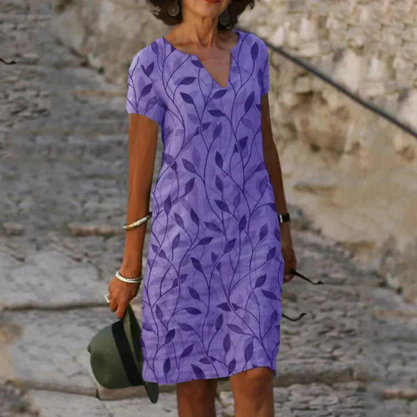 Women V-neck Leaf Print A-line Knee-length Dress