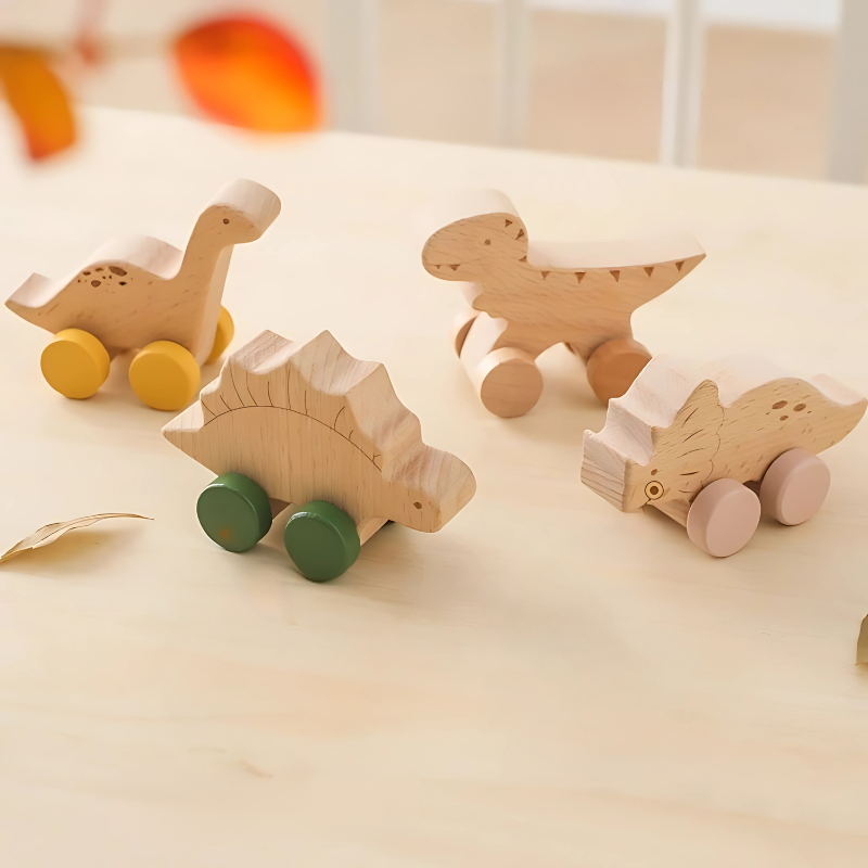 Wooden Dinosaur Roller Car Toy Set for Kids